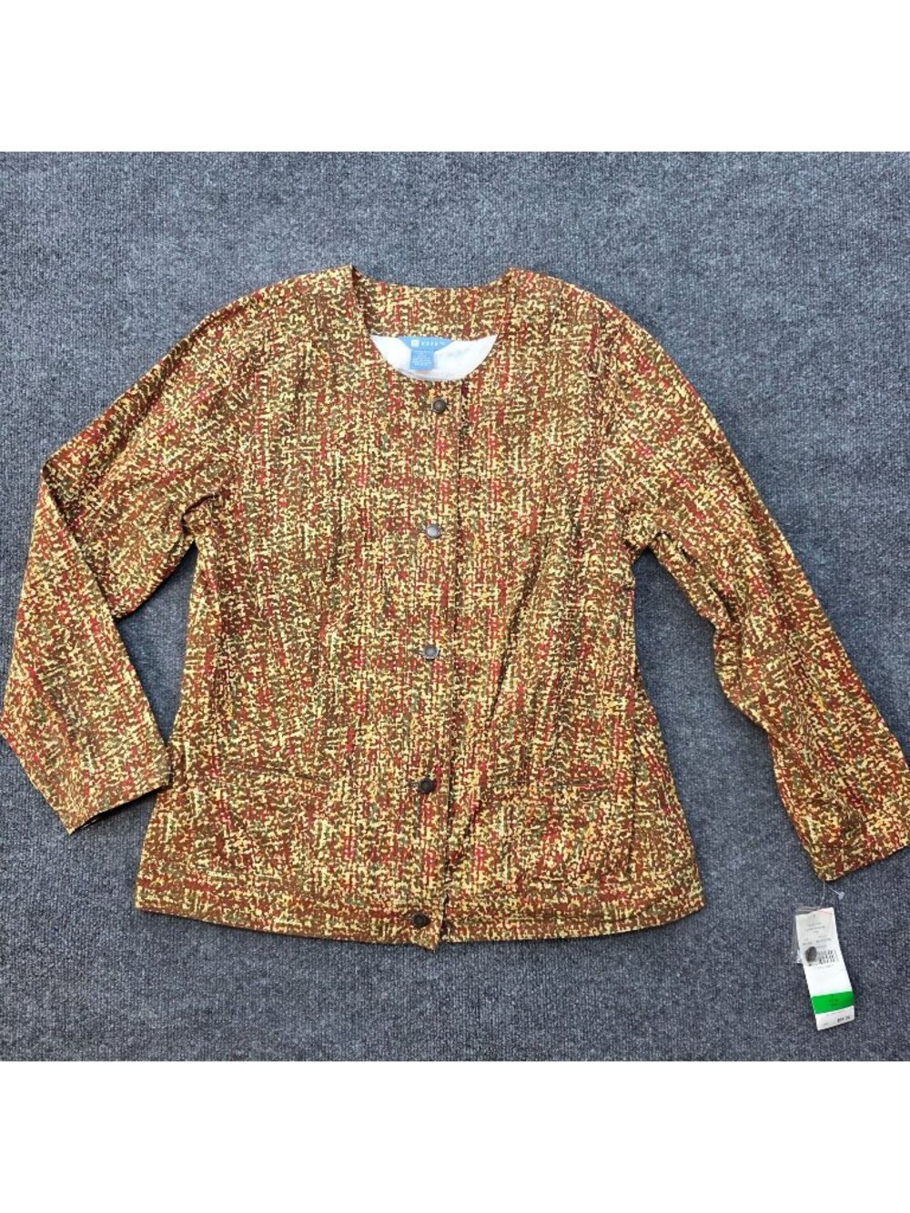 Koret Women's Jacket L Brown Red Abstract Print Cotton Studded Y2K Artsy Layers